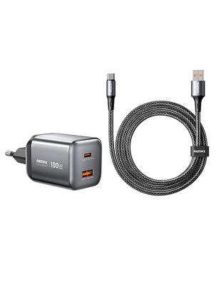 Мережевий зарядний пристрій remax ca-15 gan 100w з двома портами usb-a та type-c і кабелем usb-a to type-c 120w