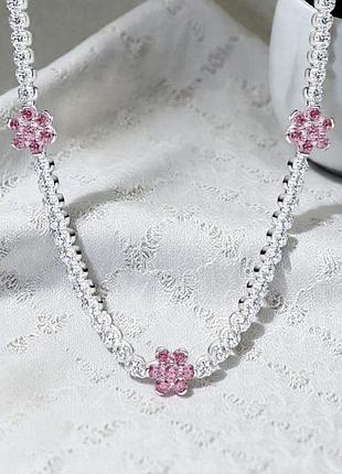 Теннисное колье чокер "pink flower tennis necklace"