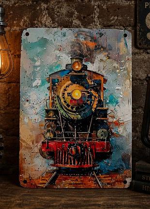 Металлическая винтажная табличка "паровоз" / ретро поезд, постер, 14х20 см