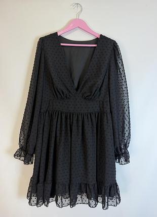 Платье shein xxl черное платье мини в горошек, шифон, длинный рукав, 2xl