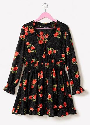 Платье черное в цветы и горошек prettylittlething uk 14 с длинным рукавом