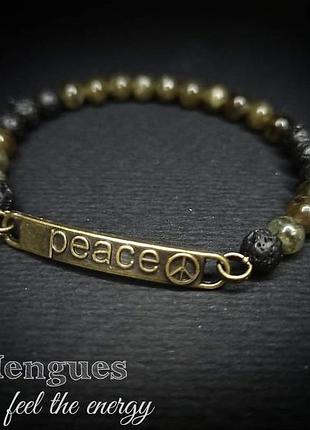 Браслет "peace" (мир) (уулканическая скамья и лабрадорит) кольир хаки и черный
