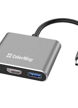 Usb-хаб colorway cw-hub08 3-в-1 usb type-c hdmi 4k pd 100w grey