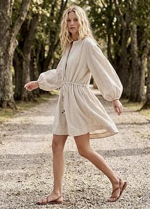 Бежева красива сукня з суміші льону та котону h&m сукня коротка з широкими рукавами