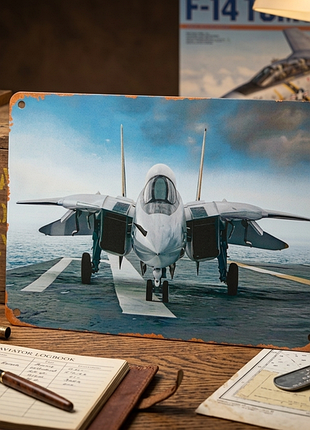 Металлическая винтажная табличка "истребитель f-14 tomcat / авианосец", постер, 14х20 см