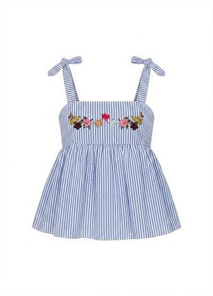 Летний топ zara trafaluc в сине-белую полоску с вышивкой цветов и бретелями-бантиками