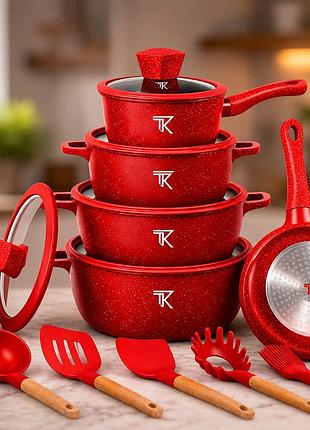 Красный набор посуды top kitchen tk00050l с мраморным покрытием, 10 предметов + кухонные принадлежности