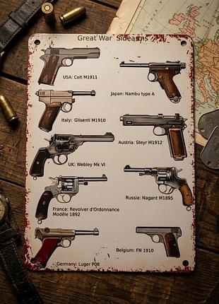Металлическая винтажная табличка "оружие первой мировой / great war sidearms", постер, 14х20 см