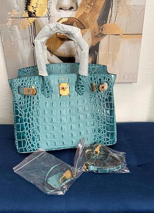 🩵🩵💎брендовая кожаная сумка h. birkin 30 натуральная кожа лак под рептилию натуральна шкiра премиум люкс голубая