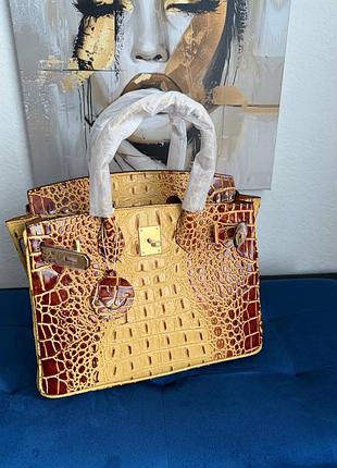 💛🧡брендовая кожаная сумка h. birkin 30 натуральная кожа лак под рептилию натуральна шкiра премиум люкс желтая огненная лава