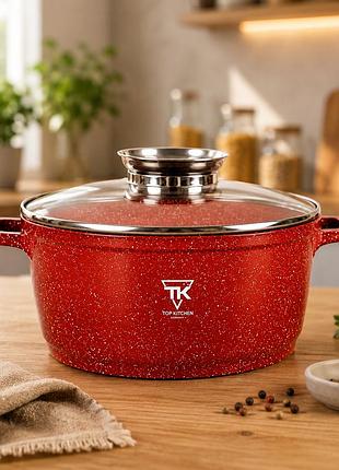 Красная кастрюля top kitchen с мраморным покрытием и стеклянной крышкой tk00051 20 см 2,1л