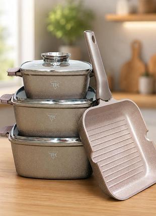 Золотой набор посуды с гранитным покрытием top kitchen tk000103 3 кастрюли + сковорода-гриль