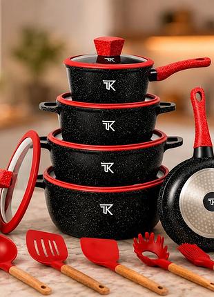 Черный набор посуды top kitchen tk00050l с мраморным покрытием, 10 предметов + кухонные принадлежности