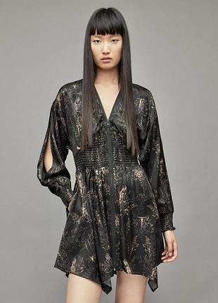 Allsaints nilah yorik платье черное вискоза и шелк принт скелеты цветы готик готичное мини платье длинный рукав с разрезами
