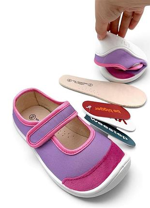 Анатомическая обувь для девочки, текстильные тапочки weestep barefoot, сиреневые с розовой и белой подошвой, размеры 25-32