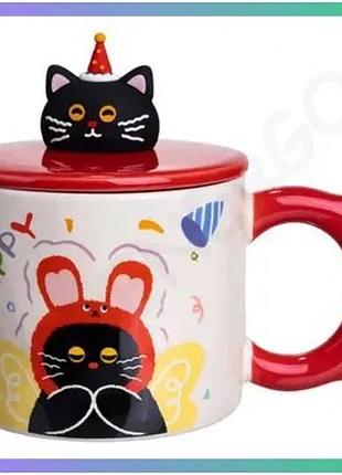 Порцелянова чашка з кришкою kitten's birthday 400 мл червона кружка для дітей для чаю та кави sku_luggifm-24d