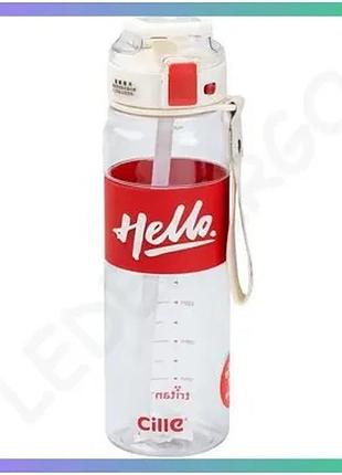 Спортивна пляшка для води 860 мл hello тритан з ручкою та ремінцем червона для активного відпочинку та sku_luggihp17303r