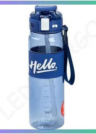 Спортивна пляшка для води hello 860 мл тритан синя з ремінцем та ручкою для активного відпочинку sku_luggihp17303bl