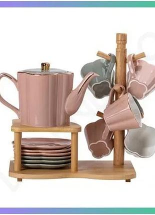 Чайный сервиз на 6 персон с бамбуковой подставкой керамика для чая и кофе 0,9л 150мл sku_luggihp-15-25