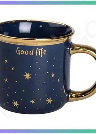 Порцеляновая чашка с золотым ободком и ручкой 320 мл good life синяя для чая и кофе sku_luggirx-n231506bl