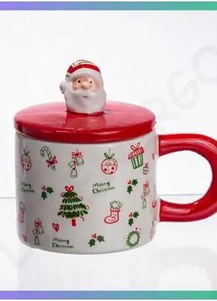 Новорічная порцеляновая чашка merry christmas с крышкой 350 мл для подарка зимние праздники sku_luggicr-1-20