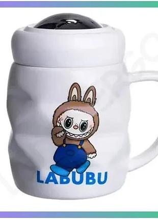 Чашка порцелянова labubu 400 мл біла з синім кришка для гарячих напоїв кружка для чаю та кави sku_luggifm-54a