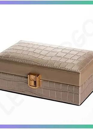 Скринька для украшений из экокожи с зеркалом 3 отделения 16x10x6 см золотистая органайзер для бижутери sku_luggihp-5-18gold