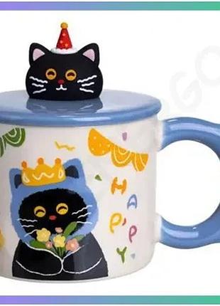 Порцеляновая чашка с крышкой kitten's birthday 400мл синяя подарочная кружка для детей sku_luggifm-24a