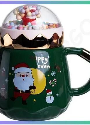 Порцеляновая чашка с крышкой christmas 400 мл зеленая для кофе и чая новогодняя чашка sku_luggifm-cs-41a