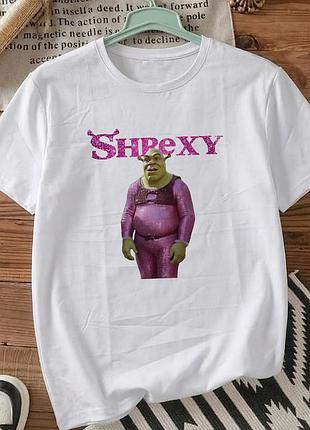Футболка белая с принтом «shrexy» размер м. мемные принты. футболки для женщин и мужчин.