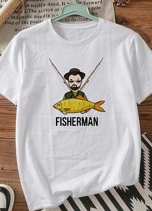 Футболка біла з принтом «fisherman» розмір м. принти до дня рибака. футболки для жінок та чоловіків.