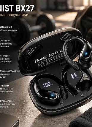 Бездротові навушники ltinist bx27, bluetooth 5.3, до 75 годин роботи, hi-fi стерео, enc, ip67, usb-c, гачки для спорту