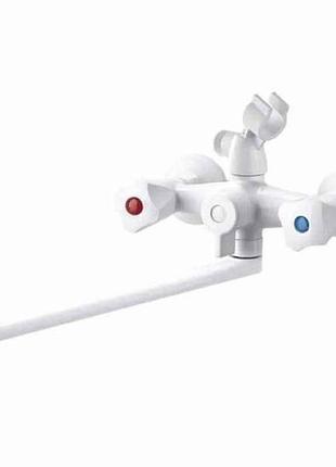 Смеситель настенный белый omega-140 euro set white (со шлангом, лейкой и кроншт.) тм plamix