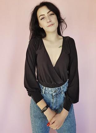 Боді-блуза з рукавами однотонне boohoo чорне 44, m
