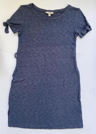 Женское базовое синее платье в рубчик с завязками на рукавах (бренд emerson) размер s m жіноча сукня темно синього кольору