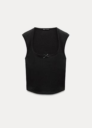 Чорний трикотажний топ zara з бантиком у стилі coquette (розмір m)