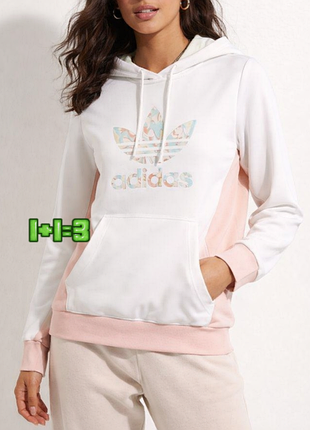 💝1+1=3 брендовое белое женское худи с капюшоном свитшот adidas, размер 44 - 46