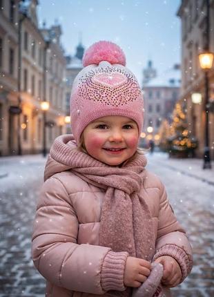Шапка для девочек из акрила на подкладке из флиса, на осень и зиму.