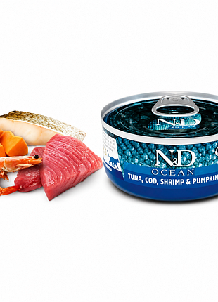 Вологий корм для котів farmina n&d ocean tuna, cod, shrimp & pumpkin — тунець, тріска, креветки та гарбуз