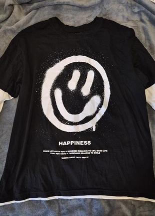 Черная футболка/лонгслив с принтом happiness / graphic tee / y2k