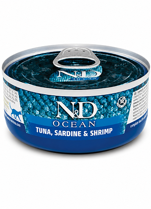 Вологий корм для котів farmina n&d ocean tuna, sardine & shrimp з тунцем, сардиною та креветками