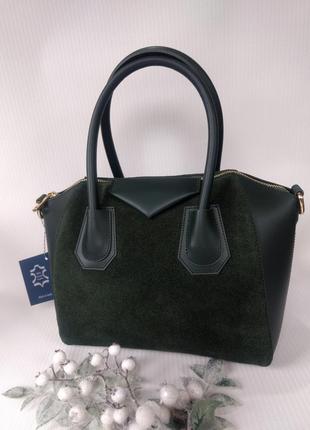 Итальянские сумки из натуральной кожи и замши тёмные зелёные среднего размера3 фото