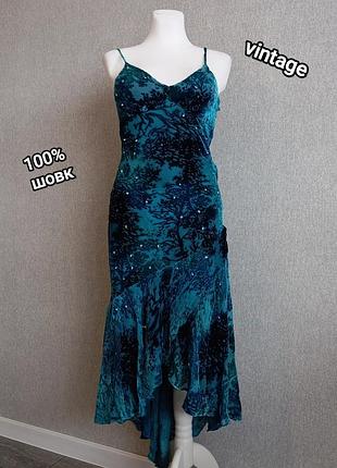 💙винтажное шелковое платье в комбинации ariella london с открытой спиной, деворе 👗100% шовк