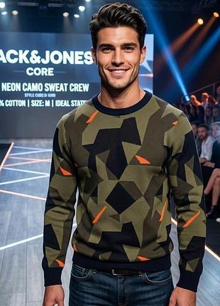 Джемпер чоловічий jack & jones, оливковий камуфляж, розмір m, 100% бавовна