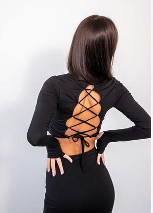 Відкрита спина на шнурівці 🔥 shein 🖤 чорний кроп-топ з довгим рукавом ✨ стильний лонгслівs/m
