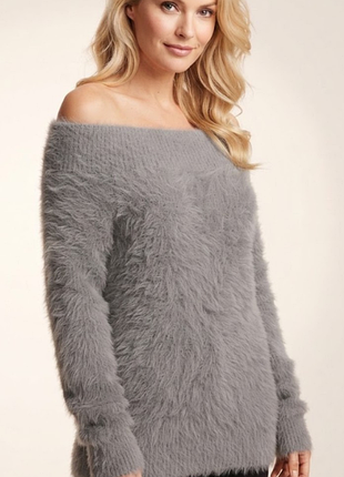 Серый пушистый свитер с открытыми плечами river island uk16