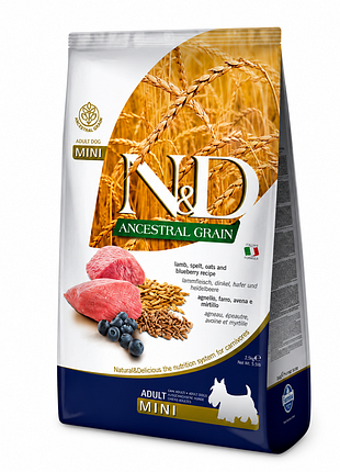 Сухой корм farmina n&amp;d ancestral grain adult mini lamb &amp; blueberry для взрослых собак малых пород, ягненок, спельта, овес и черника