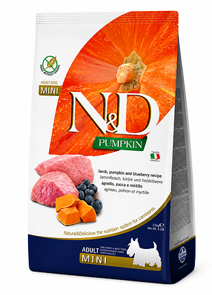 Сухой беззерновой корм farmina n&amp;d pumpkin adult mini lamb &amp; blueberry для взрослых собак малых пород, ягненок, тыква и черника,