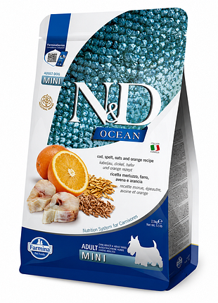 Farmina n&amp;d ocean cod, spelt, oats &amp; orange adult mini – низкозерновой сухой корм с треской и апельсином для взрослых собак мелких пород 800 г