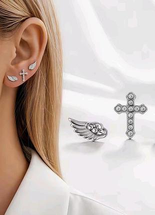 Набор сережек трио, три шт, крылья, крестик